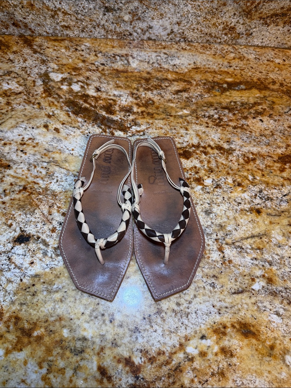 Vintage Miu Miu Two-Tone Braided Leather Flat Thong Sandals